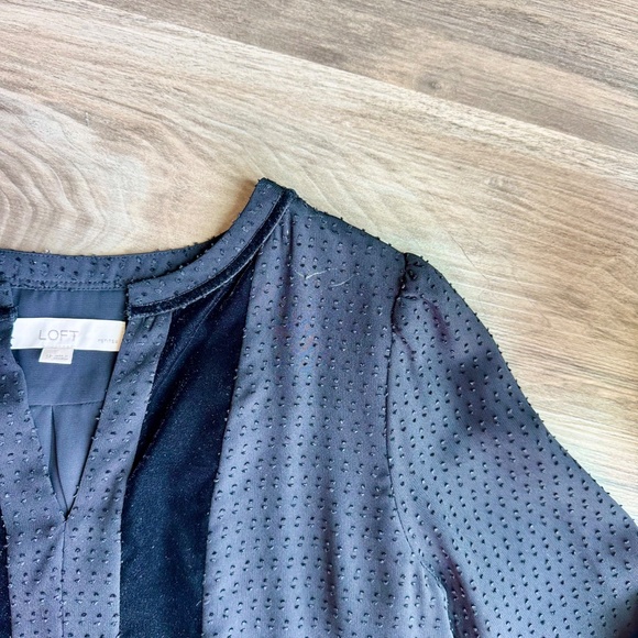 LOFT Petites Swiss Dot Velvet Trim Black Long Sleeve Blouse Size SP - Picture 5 of 11
